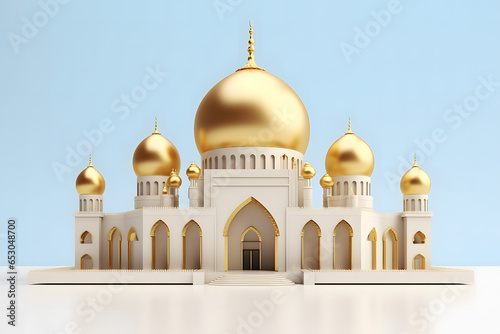 3D rendered miniature golden mosque, background for promotional events for Islamic events