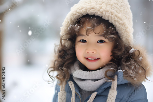 The cute girl with a cap and scarf smiling playing in snow