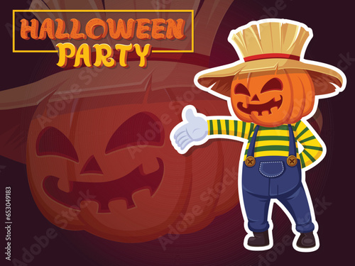 Jack O Lantern Pumpkin Head Sticker Cartoon Halloween. Illustration Vector  For Holiday.