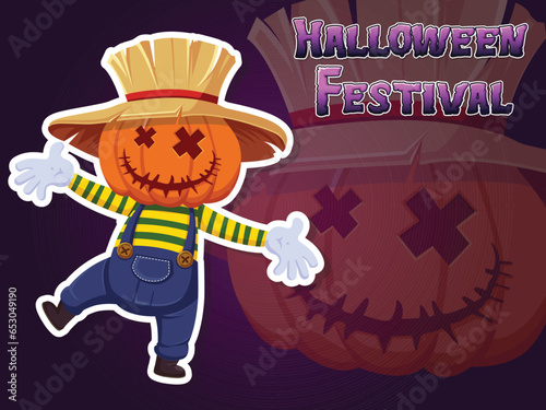 Jack O Lantern Pumpkin Head Sticker Cartoon Halloween. Illustration Vector  For Holiday.