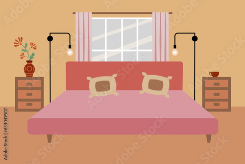 Bedroom interior with bed  bedside tables  lamp stands against window background