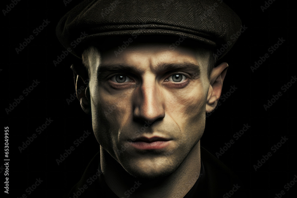 Portrait of a man wearing a flat cap isolated on black background, mystery, dark Portrait of a man wearing a flat cap isolated on black background, mystery, dark