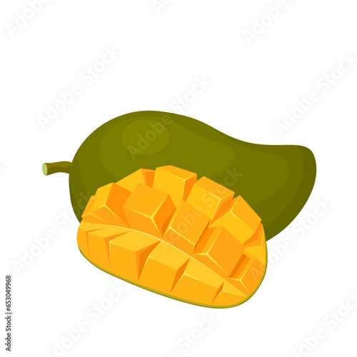 Vector illustration, mango fruit with mango cubes, isolated on a white background.