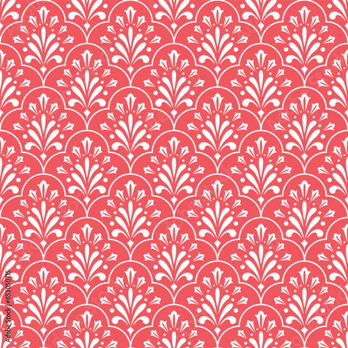 Flower geometric pattern. Seamless vector background. White and pink ornament. Ornament for fabric, wallpaper, packaging. Decorative print