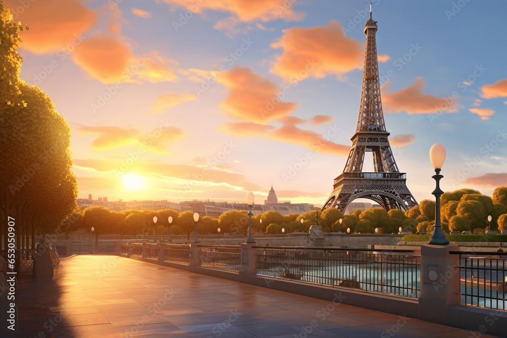 eiffel tower at sunset in paris - obrazy, fototapety, plakaty 