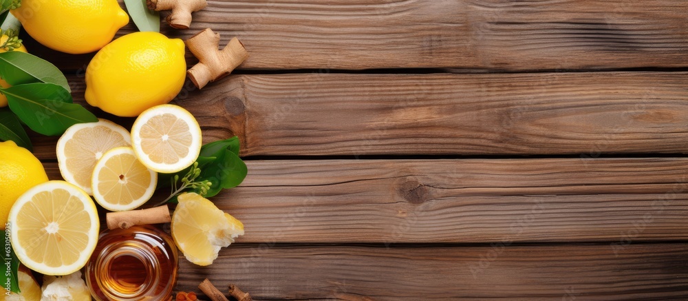 Comparison of natural and conventional medicines for treating colds and flu including ginger lemon honey drugs and a thermometer on a wooden background Comparison of natural and conventional medicines for treating colds and flu including ginger lemon honey drugs and a thermometer on a wooden background
