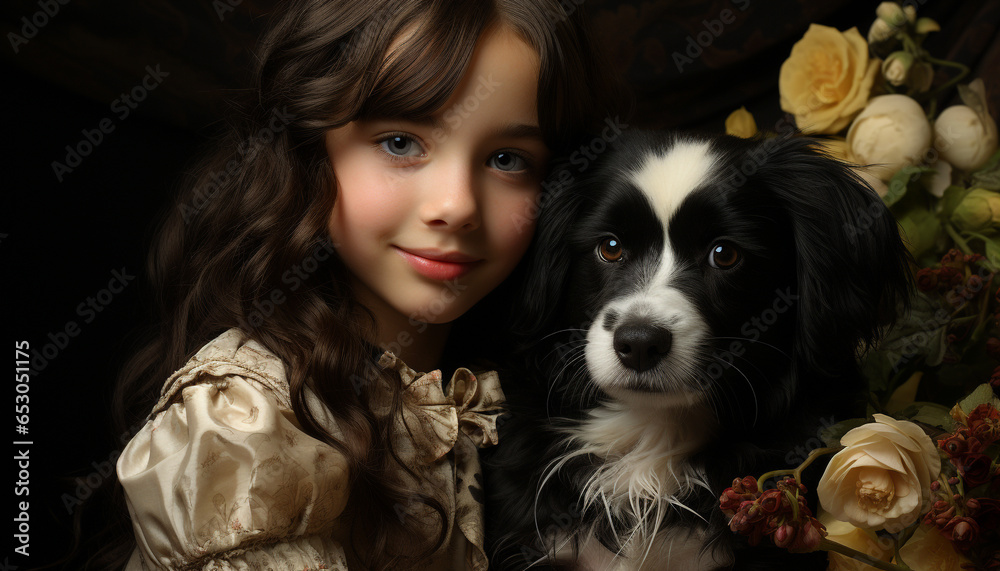 A cute puppy sitting, looking, smiling at a small girl generated by AI A cute puppy sitting, looking, smiling at a small girl generated by AI