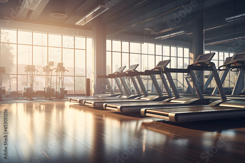 modern gym with large windows that offer a stunning view of the cityscape. The gym is spacious and features polished wooden floors that gleam in the natural light.