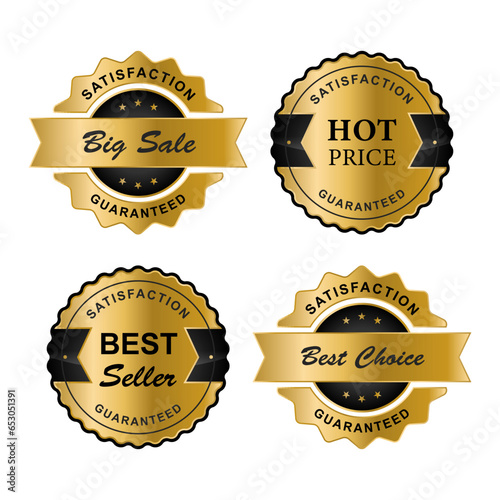 A golden collection of various badges and labels