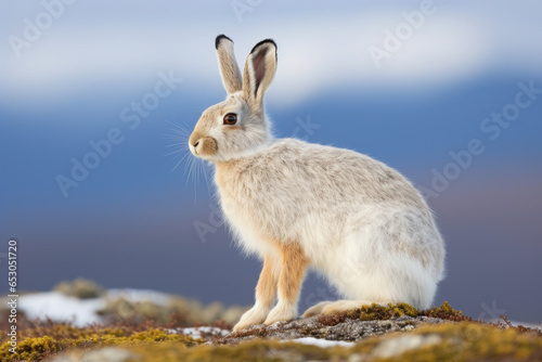Mountain hare, Lepus timidus standing on a rocky outcropping  with its ears up and alert, clear blue sky photo