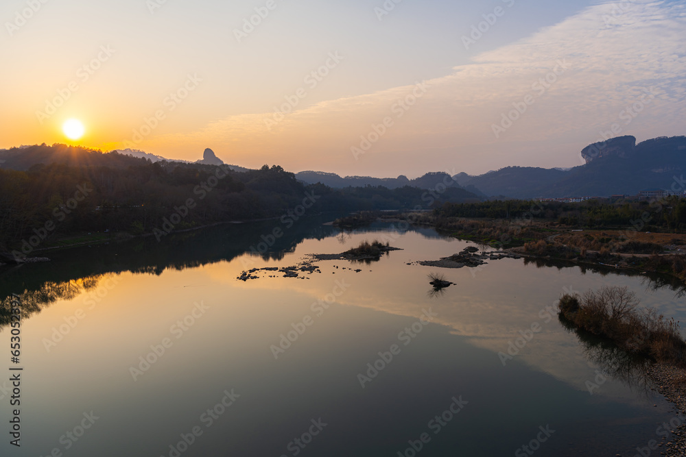 The scenery of Wuyishan landscape of Wuyi Mountains, peaks and the River