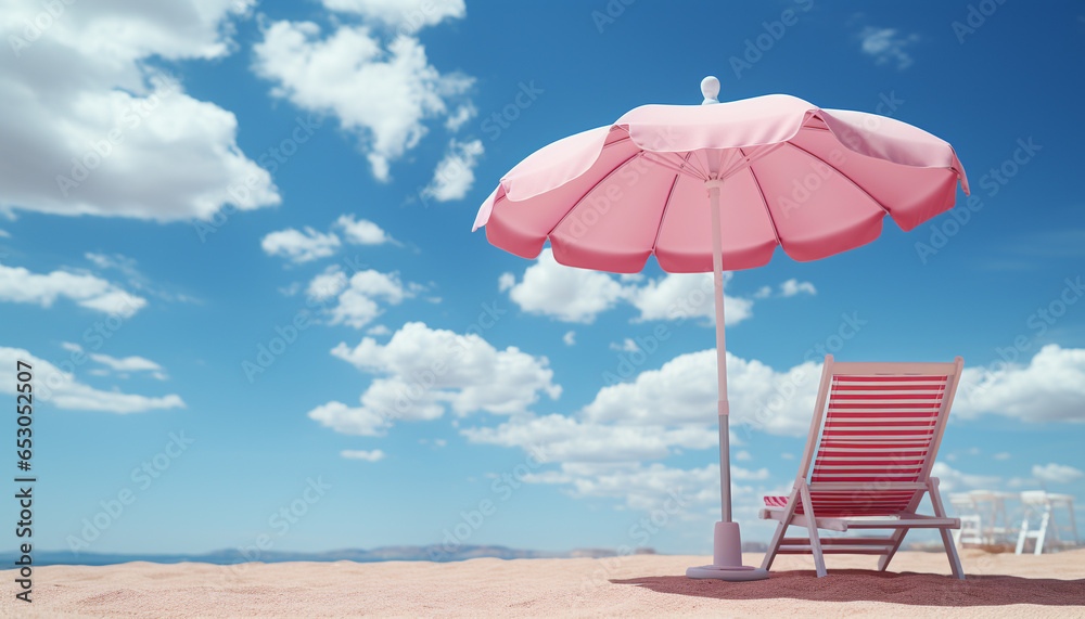 Relaxation in nature blue umbrella, sunlight, clear sky, coastline generated by AI