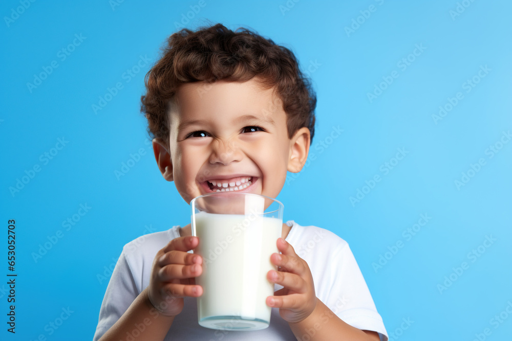 Caucasian little boy happily drinking milk isolated on blue background Caucasian little boy happily drinking milk isolated on blue background