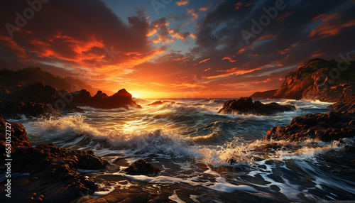 Sunset over the water, nature beauty reflected in tranquil waves generated by AI