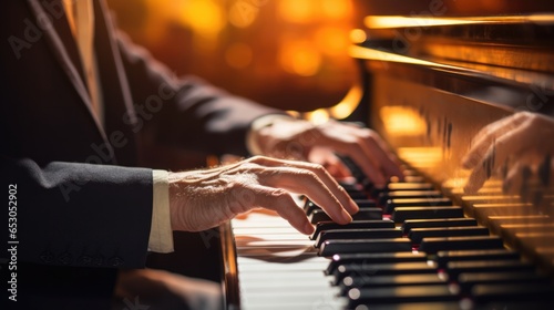 Close-up of a pianist's hands gracefully playing the keys of a grand piano.