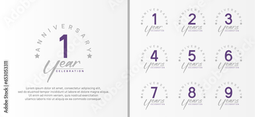 set of anniversary logo flat purple color number and gray text on white background for celebration