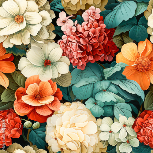 Colorful Lantana Flowers vintage style, Seamless pattern , AI generated