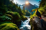 beautiful bird toucan in the forest near to waterfall at sunrise