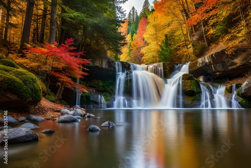 waterfall in autumn forest, waterfall in mountains with trees