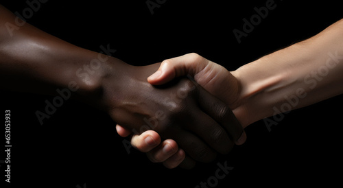 Two men shaking hands in dark background.