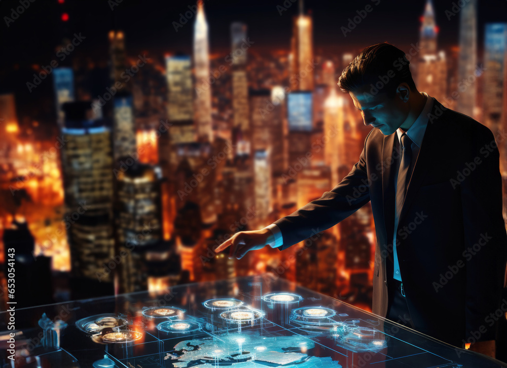 Businessman touching the table 3D visual screen in the future