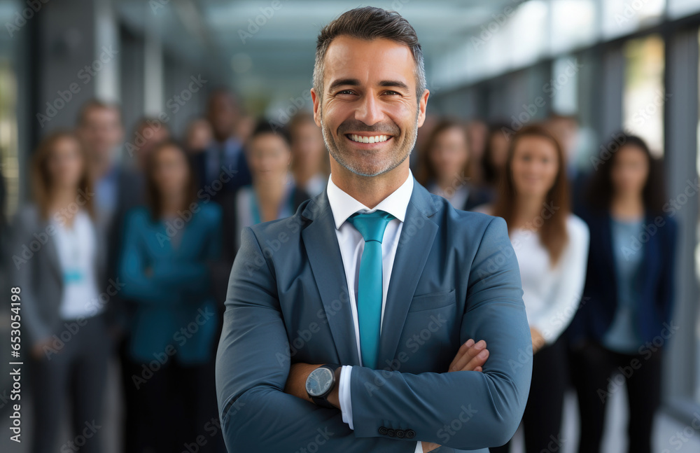manager stands with other employees in the background, office stock photo manager stands with other employees in the background, office stock photo