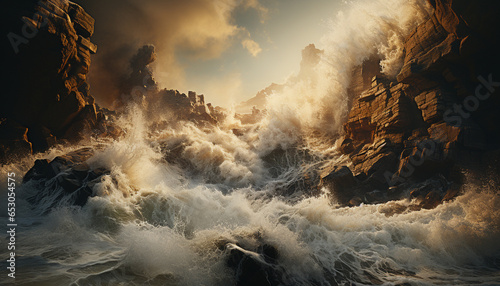 Sunset sky  mountain rock  wave splashing  nature beauty flowing generated by AI