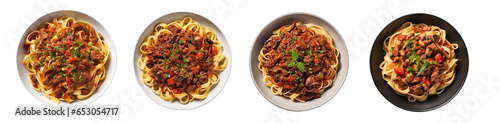 Collection of Pasta Fettuccine Bolognese with beef and tomato sauce, top view, isolated on a transparent background. PNG, cutout, or clipping path.