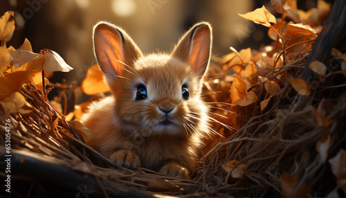 Cute small rabbit sitting in grass, fluffy fur outdoors generated by AI © grgroup