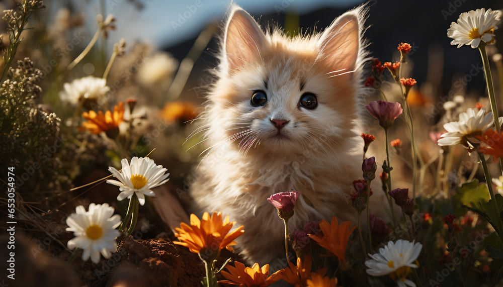 Cute kitten sitting in meadow, playful and looking at camera generated by AI