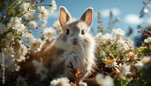 Fluffy baby rabbit sitting in meadow, surrounded by flowers generated by AI