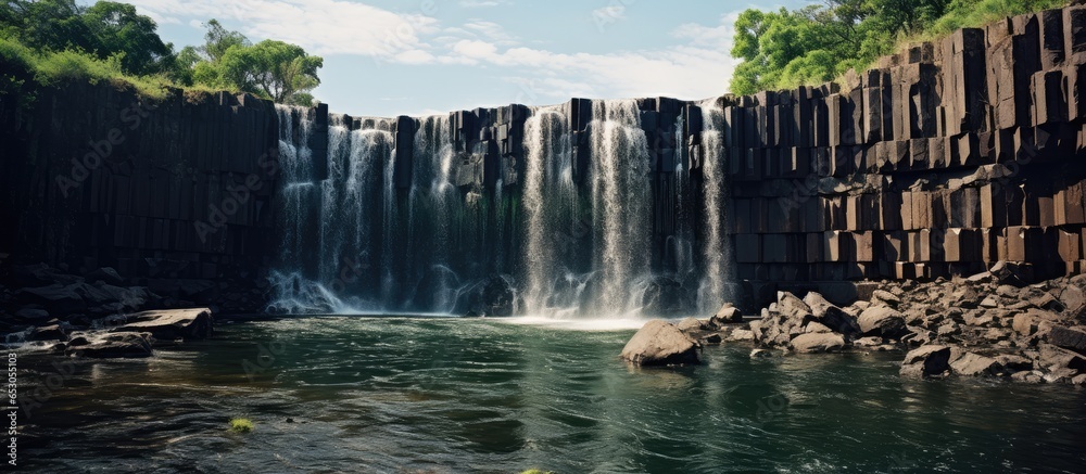 Obraz premium Basalt prism formation in Mexicos San Miguel Regla features a stunning waterfall