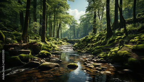 Tranquil scene of green forest, flowing water, and majestic mountains generated by AI