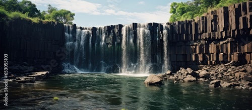 Basalt prism formation in Mexicos San Miguel Regla features a stunning waterfall photo