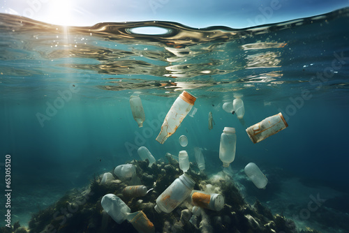 worrying scene of pollution. There are many plastic bottles floating in the ocean, illuminated by sunlight penetrating the water’s surface photo