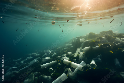 worrying scene of pollution. There are many plastic bottles floating in the ocean, illuminated by sunlight penetrating the water’s surface