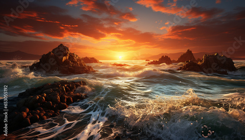 Sunset over water, waves crash on rocky coastline generated by AI