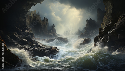 The dark cliff spray crashes, nature beauty awe inspiring generated by AI