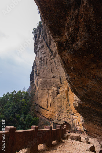 Stone ladder towards the wooden temple on the path to Da Wang shan, China