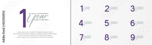 set of anniversary logo purple color number and gray text on white background for celebration