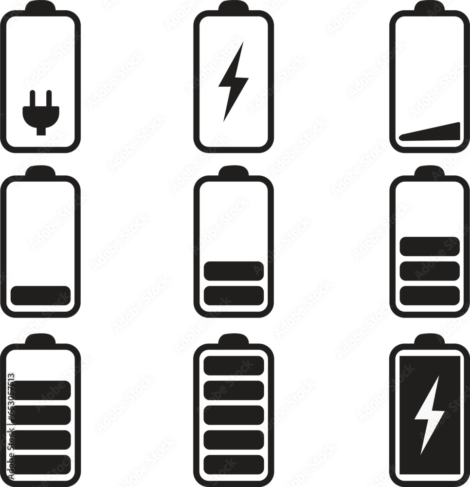 set of vertical flat battery level indicator in percentage. Battery ...