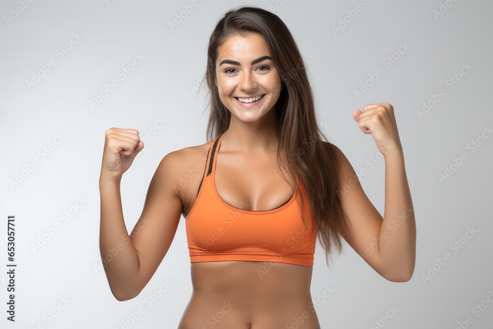 Portrait of a smiling sportswoman in orange sportswear showing her biceps isolated on a white background and Looking at the camera. Portrait of a smiling sportswoman in orange sportswear showing her biceps isolated on a white background and Looking at the camera.