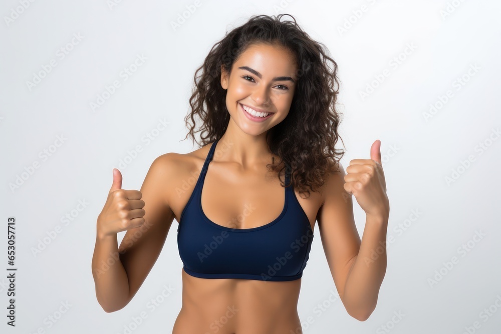 Portrait of a smiling sportswoman in deep blue color sportswear showing her biceps isolated on a white background and Looking at the camera. Portrait of a smiling sportswoman in deep blue color sportswear showing her biceps isolated on a white background and Looking at the camera.