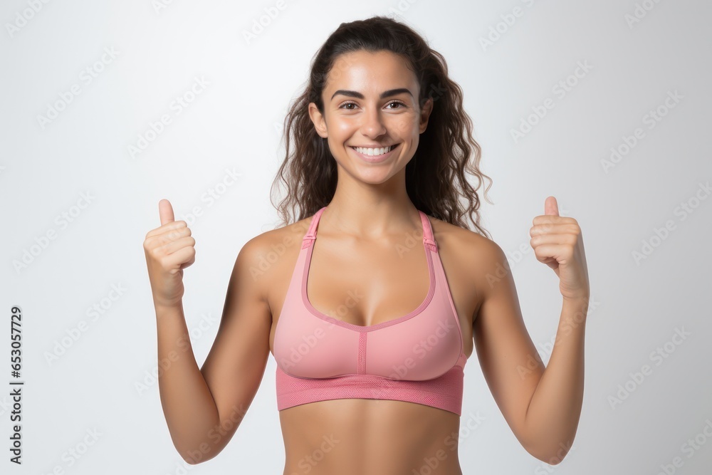 Portrait of a smiling sportswoman in pink sportswear showing her biceps isolated on a white background and Looking at the camera. Portrait of a smiling sportswoman in pink sportswear showing her biceps isolated on a white background and Looking at the camera.