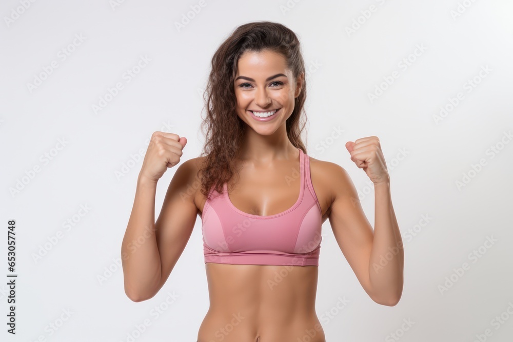 Portrait of a smiling sportswoman in pink sportswear showing her biceps isolated on a white background and Looking at the camera. Portrait of a smiling sportswoman in pink sportswear showing her biceps isolated on a white background and Looking at the camera.