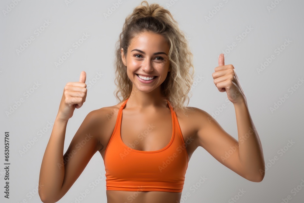 Portrait of a smiling sportswoman in orange sportswear showing her biceps isolated on a white background and Looking at the camera. Portrait of a smiling sportswoman in orange sportswear showing her biceps isolated on a white background and Looking at the camera.