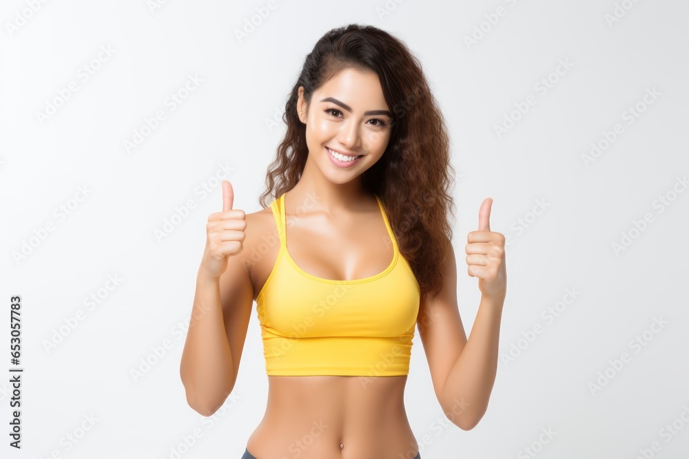 Portrait of a smiling sportswoman in yellow sportswear showing her biceps isolated on a white background and Looking at the camera. Portrait of a smiling sportswoman in yellow sportswear showing her biceps isolated on a white background and Looking at the camera.
