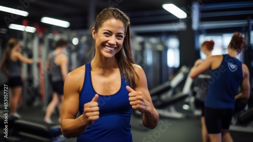 Close up image of attractive fit woman in gym. Portrait of a smiling sportswoman in deep blue sportswear showing her thumb up and her biceps over the gym background.