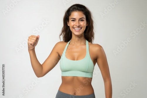 Portrait of a smiling sportswoman in green sportswear showing her biceps isolated on a white background and Looking at the camera.