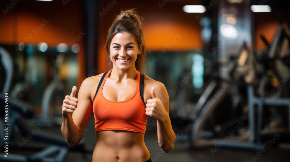 Close up image of attractive fit woman in gym. Portrait of a smiling sportswoman in orange sportswear showing her thumb up and her biceps over the gym background.